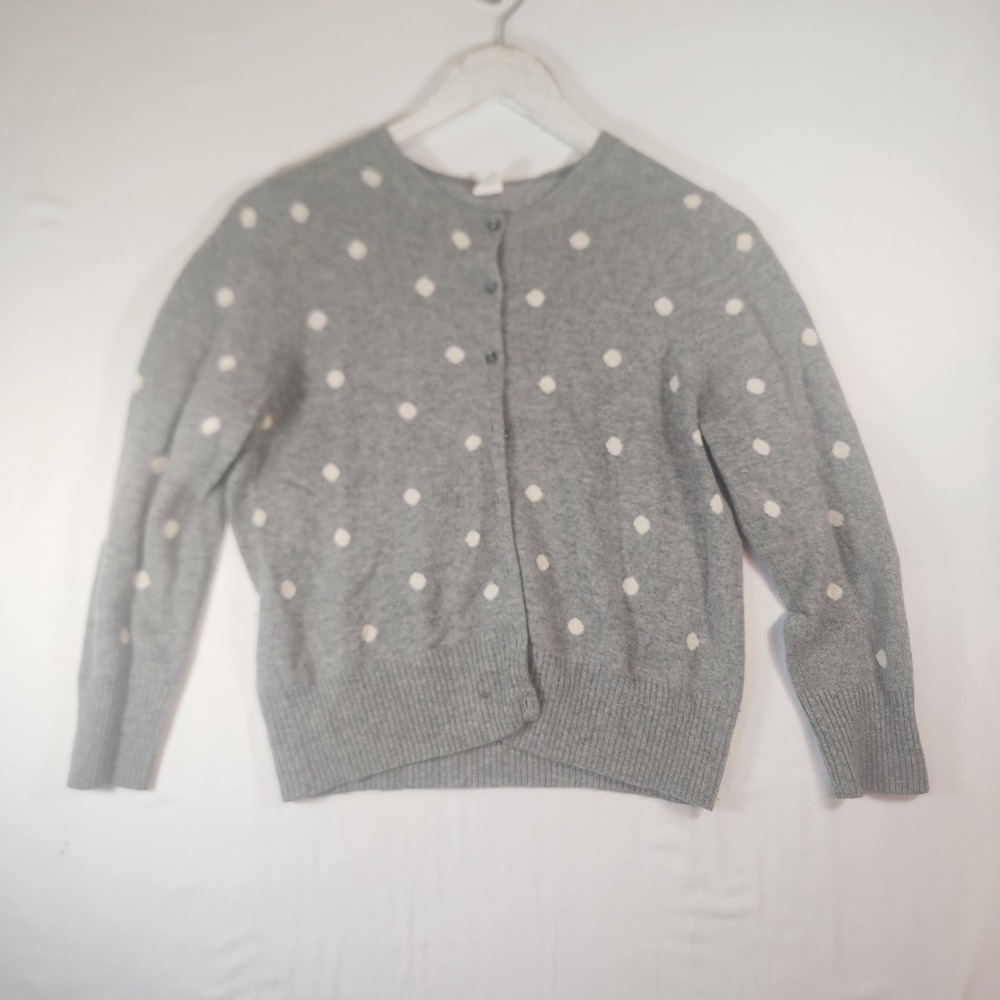 J.Crew Cashmere Polka Dot Cardigan Sweater Gray White Button Front L